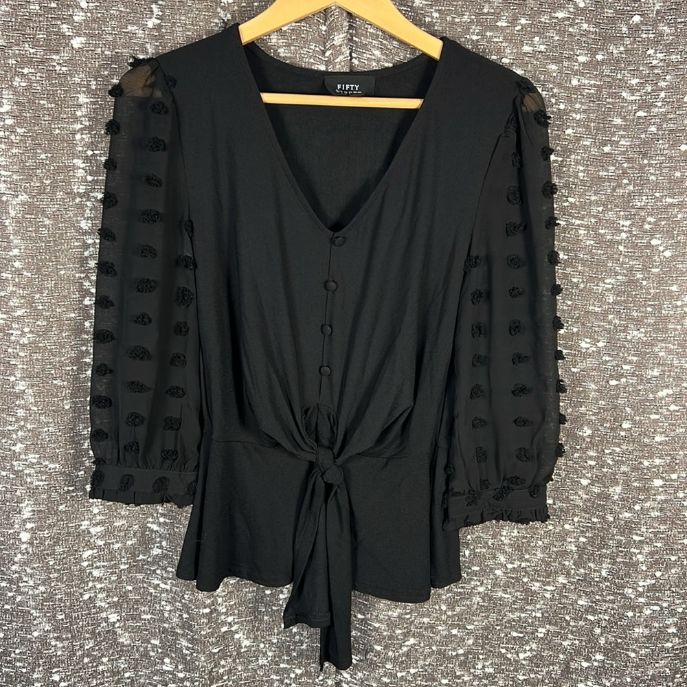 Fifty Street Black Blouse with Knot‎ in Front/Elastic Waist in Back Size S